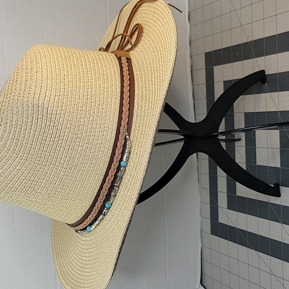 Adjustable Straw Hat Turquoise/Silver Beaded Band… - image 2